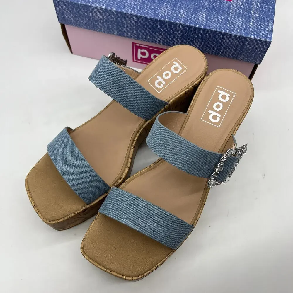Pop Womens Sharice Heeled Sandals Denim Light Blue Size 11M